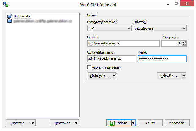 Přihlášení na FTP server
